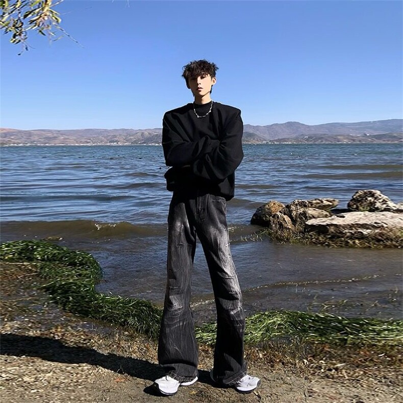 复古水洗闪电纹压褶微喇叭牛仔裤男女小众vibe风黑灰拖地长裤潮,男装牛仔裤,星座813-3