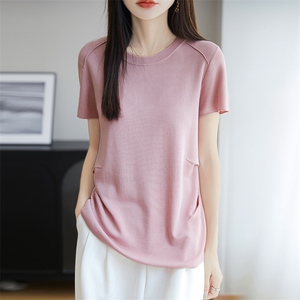 夏季新款桑蚕丝针织短袖T恤女莱赛尔天丝纯色上衣宽松打底衫半袖图片