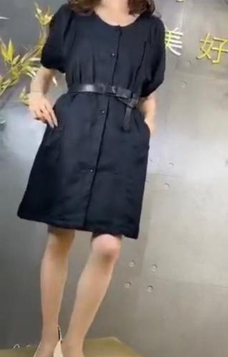 SGH2111夏季新款甜美大方圆领简约显瘦气质泡泡袖连衣裙,女装连衣裙,L·H·X