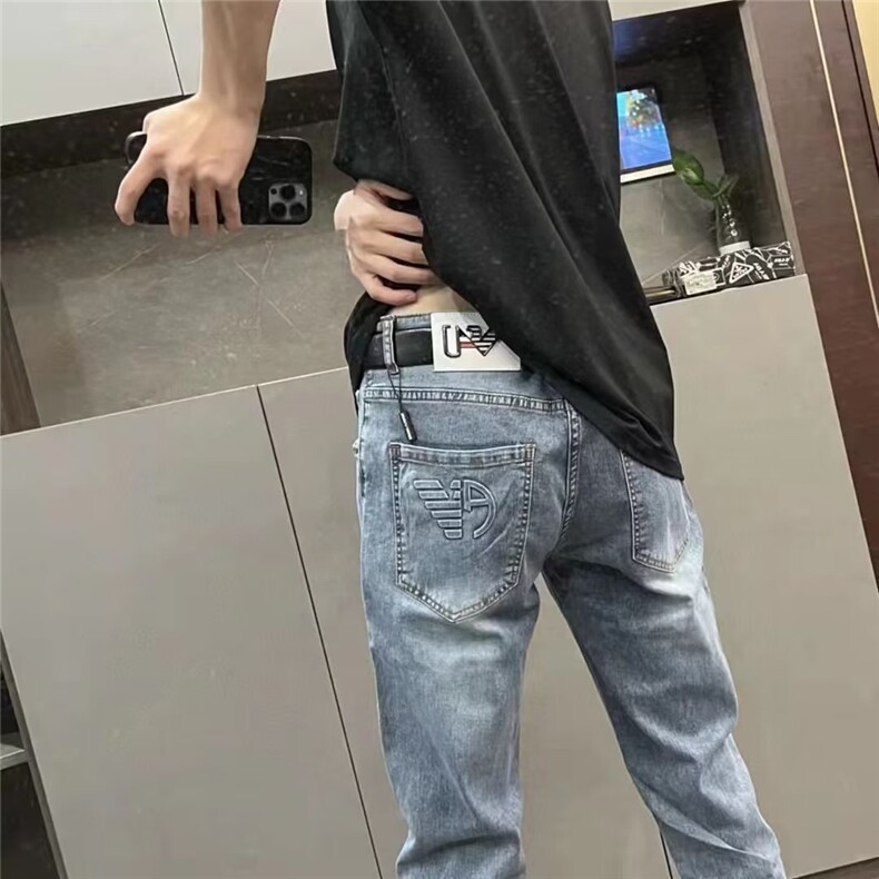 1506-1/KT021/P43欧美高端灰色印花牛仔裤男新款潮牌修身小脚弹力图片
