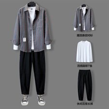休闲套装男士长袖衬衫2021年新款潮流秋季搭配三件套DF160T，男装衬衫，电商A102