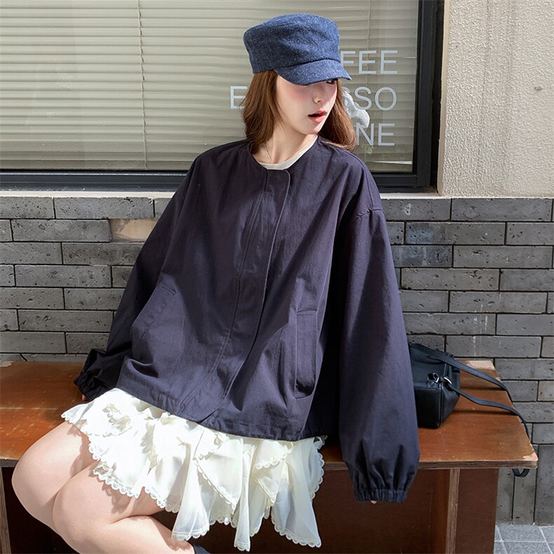 简约设计感外套女短款藏青色2025春季新款休闲百搭气质上衣,女装短外套,纯色衣恋