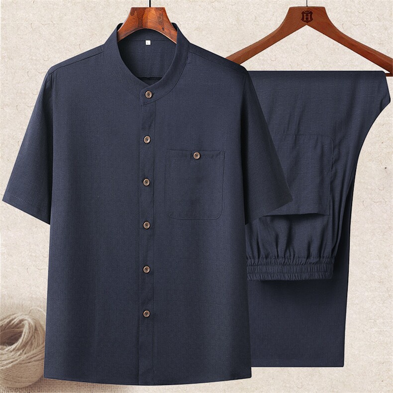 长年现货夏男中老年风轻薄衬衫棉麻套装中年短袖套装棉麻长裤，男装中老年男装，钱塘723