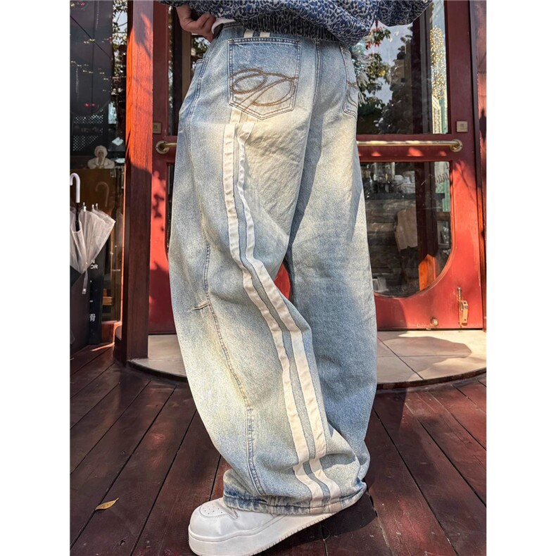 美式复古做旧条纹拼接猫须弯刀牛仔裤男阔腿拖地裤网BN225-P56，男装牛仔裤，星座1001-1