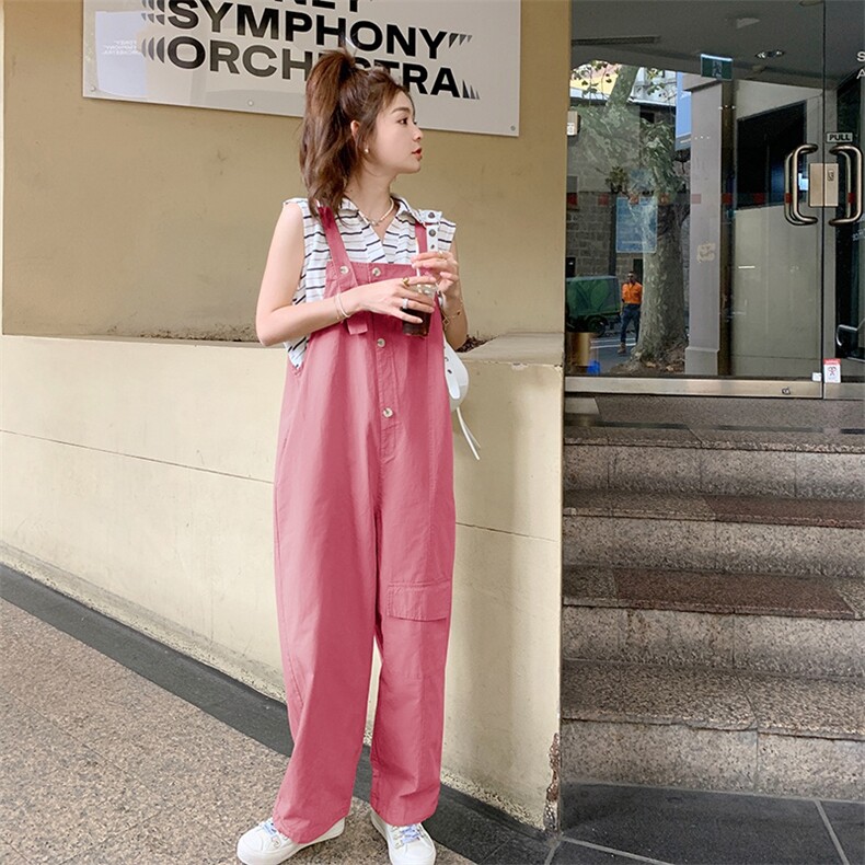 韩版学院风减龄工装背带裤女2025夏季新款法式宽松显瘦盐系阔腿裤,女装连体裤,辉之琳