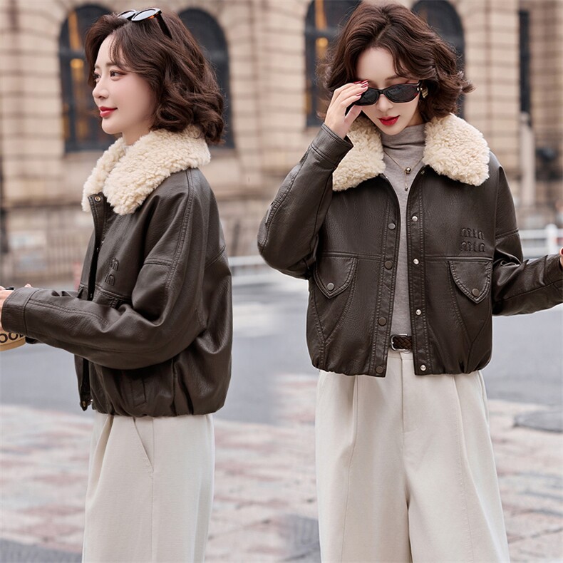 2025冬装新款简约时尚加绒皮衣外套，女装皮衣，魅丽静蓝