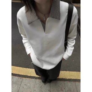 网图 千鸟格拼接polo领洛卡抗皱内搭长袖t恤男老钱风打底衫 特P28图片