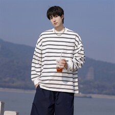 可二开港风高品质条纹圆领大码M-5XL卫衣97%棉3%氨纶77943P50控78，男装卫衣，星座227-7