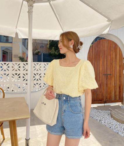 棉布刺绣泡袖上衣，女装，新袖