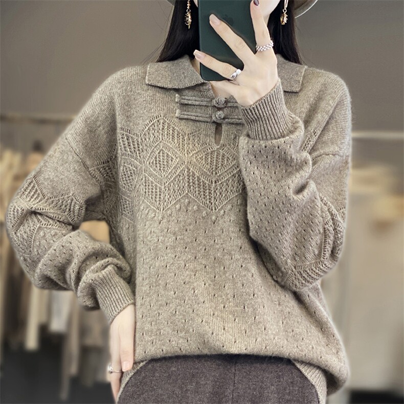 毛衣女新款2024秋冬套头翻领盘扣宽松慵懒针织上衣,女装羊毛衫,江南羊绒