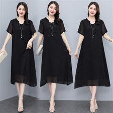 加肥加大码雪纺连衣裙女2025夏新款胖MM遮肚宽松显瘦中年妈妈裙子，女装连衣裙，深妍伊美