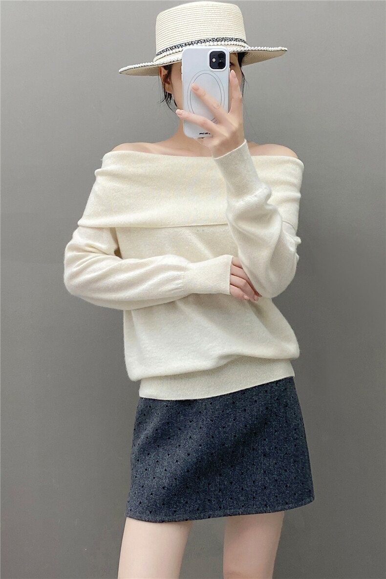 2025年秋季甜美长袖时尚百搭一字露肩领，女装针织衫/毛衣，织绒羊