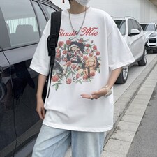 夏季潮牌情侣宽松情侣五分袖复古做旧玫瑰花短袖男 T1074-P32图片