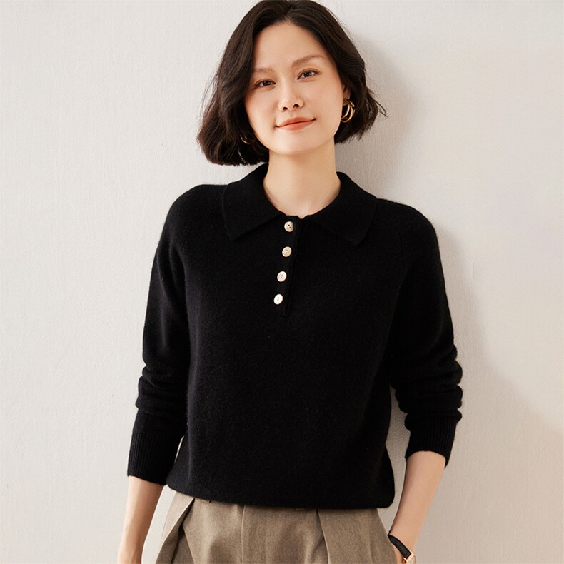 秋冬季新款舒适显瘦时尚百搭七针Polo领35%羊绒衫,女装羊绒衫,伊绒腾羊绒