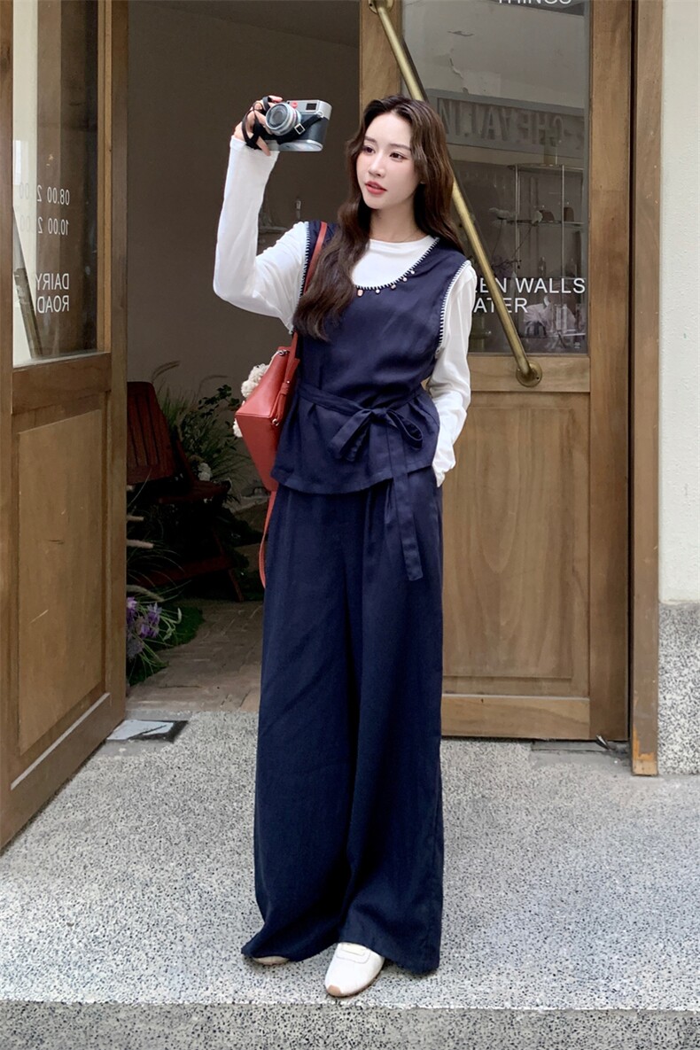 复古气质背心阔腿裤套装女春秋大方得体三件套减龄贵气感御姐穿搭,女装套装/套裙,2D045
