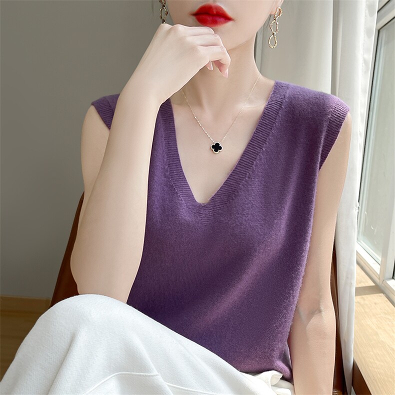 v领新款针织吊带女无袖纯色马甲简约百搭宽松套头上衣,针织衫/毛衣,戎洋