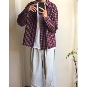 复古红色格子衬衫外套男女宽松衬衣休闲新款长袖上衣 C216图片