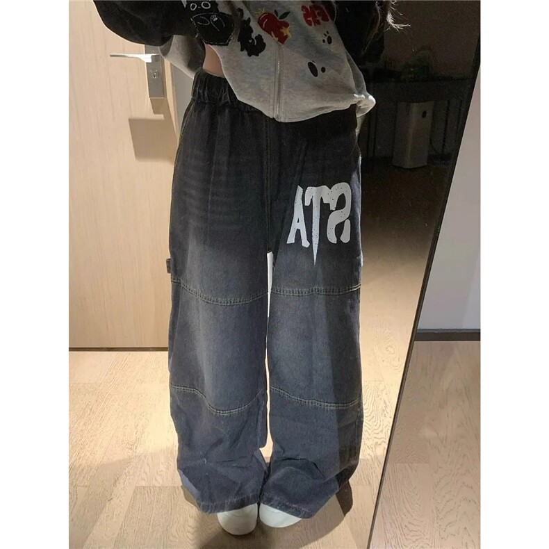 美式复古字母印花水洗牛仔裤男女秋季潮牌多口袋大码直筒裤子,男装牛仔裤,四季星座505