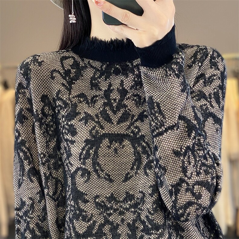 小众设计感半高领拼色提花长袖针织衫女气质时尚百搭打底保暖毛衣图片
