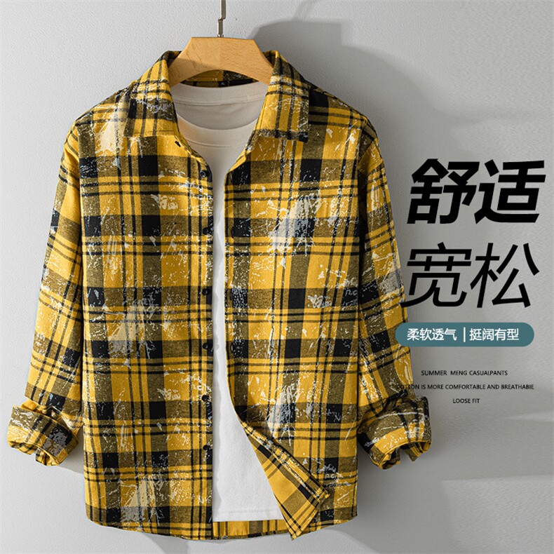 （跨境货源）潮流格子衬衫男港风休闲长袖外套青少年男装2387P42,男装衬衫,星座1107-1