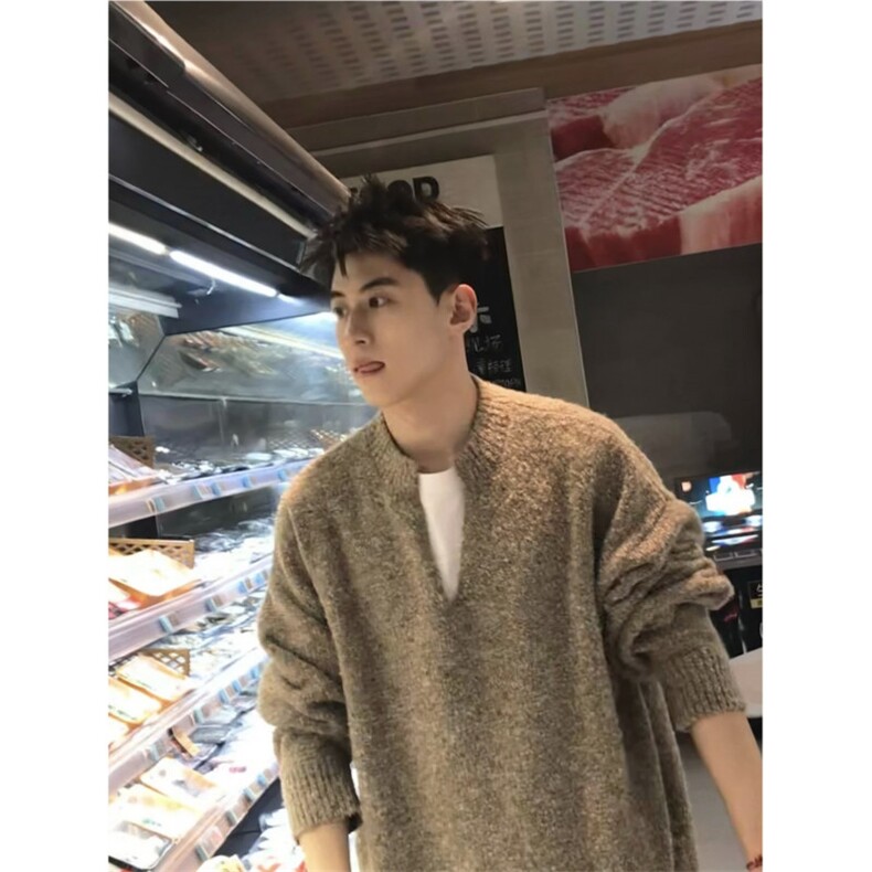 濮院针织燕麦毛衣V领亨利领毛衣宽松慵懒男美式针织衫LF92P75,男装针织衫/毛衣,电商D256