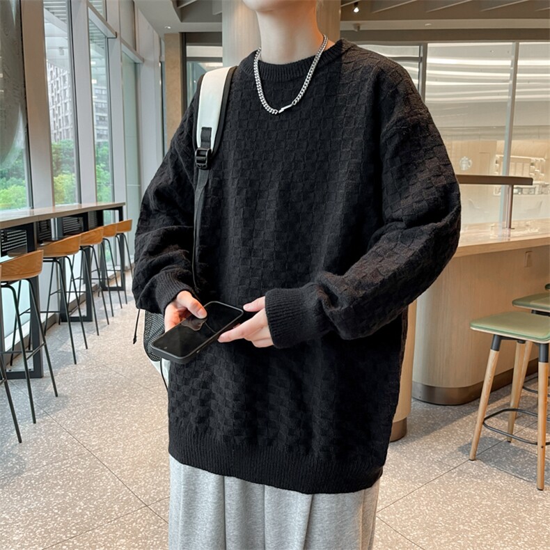秋款男圆领套头毛衣棋盘方格针织衫鹿毛绒打底外套M7117P45,男装针织衫/毛衣,星座1013-1