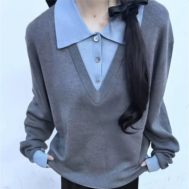 M278-P56 春秋新款时尚减龄拼接POLO领假两件长袖T恤上衣女修身图片
