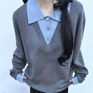 M278-P56 春秋新款时尚减龄拼接POLO领假两件长袖T恤上衣女修身图片