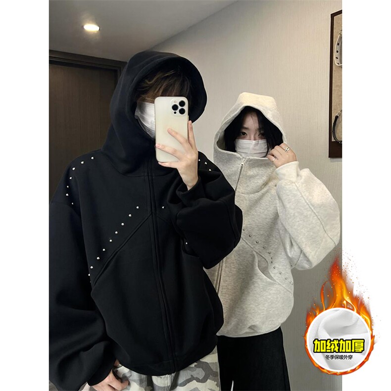 480G重磅加绒硬挺boxy男女秋冬美式高街卫衣铆钉拼接开衫厚外套，女装短外套，电商A486