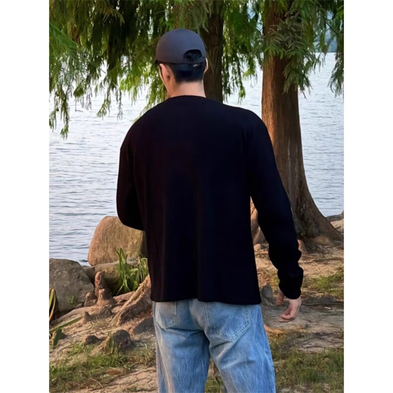 慵懒潮流文艺时尚日系流行半拉链华夫格长袖T恤宽松内搭气质新款,男装T恤,星座506A
