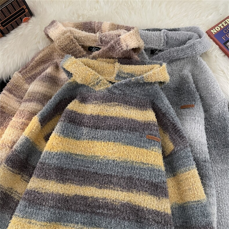 秋冬款男连帽毛衣条纹拼色针织衫休闲线衣外套M3126P70,男装针织衫/毛衣,星座1013-1