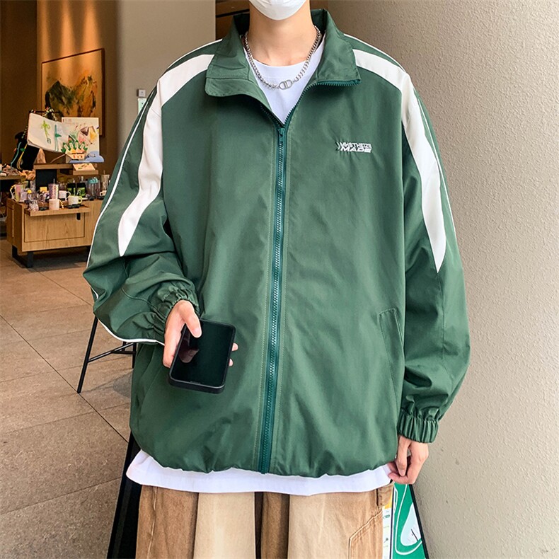 港风秋款男夹克字母刺绣条纹拼接休闲冲锋衣外套JK196P60,男装夹克,星座1013-1