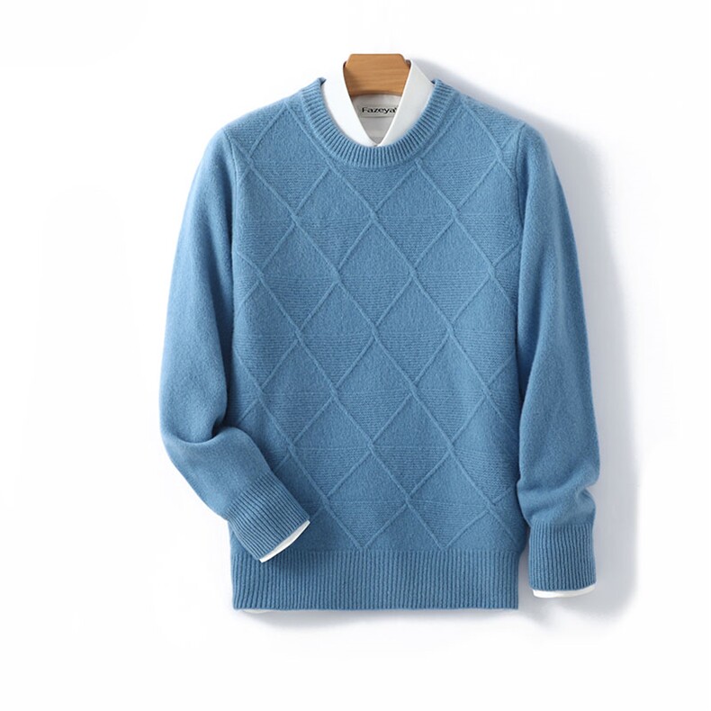 秋冬100%纯羊毛衫男圆领提花加厚套头毛衣宽松休闲羊绒针织打底衫，男装羊毛衫，德晨羊绒