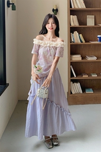 紫色法式气质套装裙女2025新款夏日绝美独特碎花上衣半身裙两件套图片