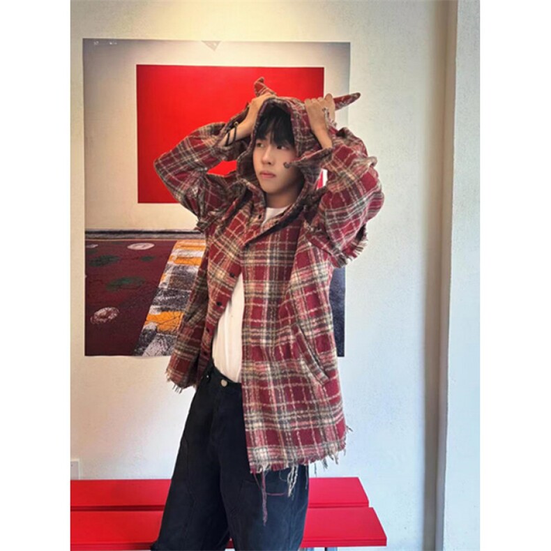 秋季新小众设计师款红色格子毛边宽松连帽衬衫式外套CK53,男装衬衫,星座1116A（原606A-3）