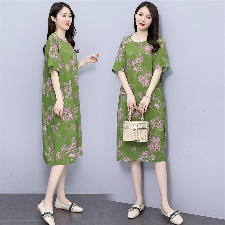 夏季新款大码女装胖mm宽松显瘦遮肚碎花连衣裙中长款妈妈裙子,女装连衣裙,妃曼