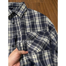 V3211HH-P38美式复古cleanfit藏青色格子衬衫男美式衬衣外套春季，男装衬衫，星座1007（原301D）