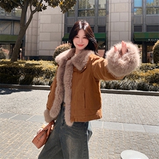 复古时髦毛毛拼接外套女2025冬新款短款加厚保暖美拉德高级感上衣，女装棉衣/棉服，2C029