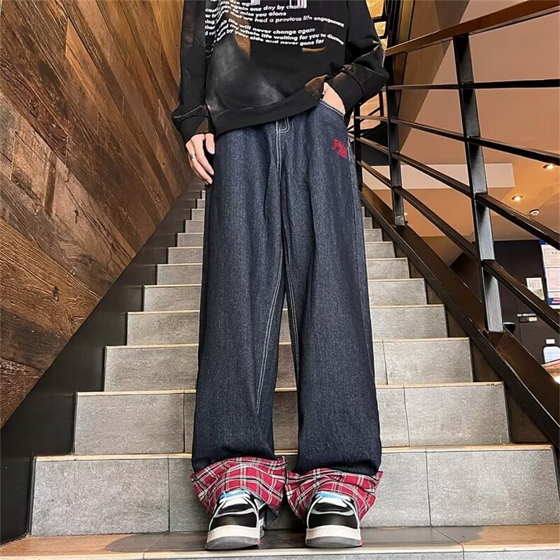 格子卷边复古牛仔裤男款潮流时尚帅气情侣高街宽松直筒阔腿裤,男装牛仔裤,星座1013