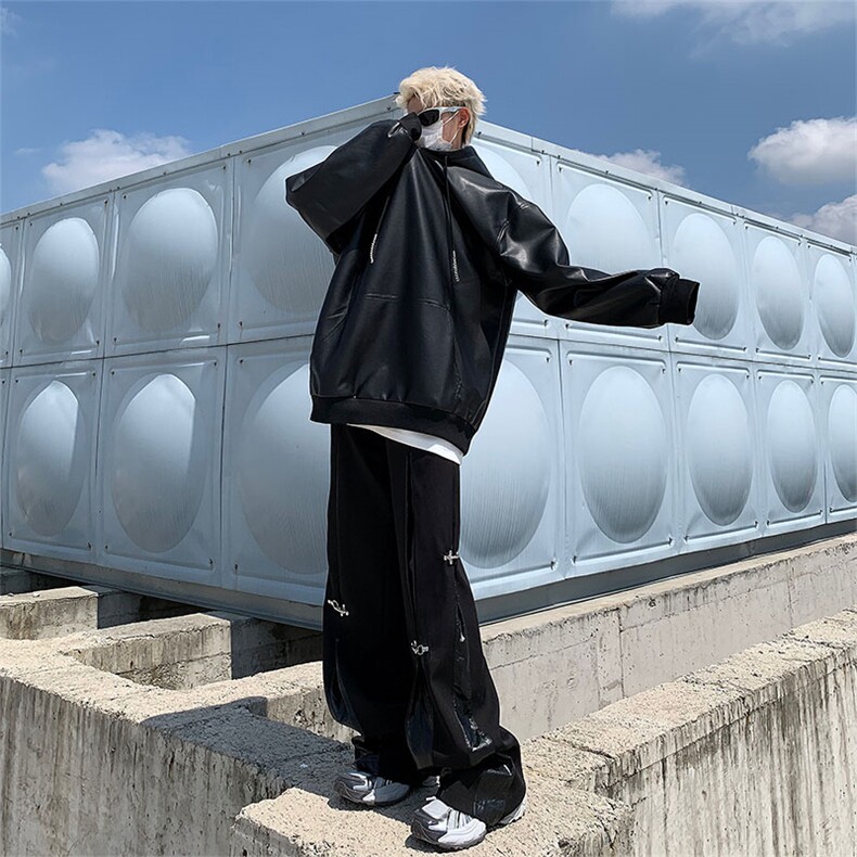 WY8538-P55美式PU皮双层连帽皮卫衣,男装卫衣,星座1501-1