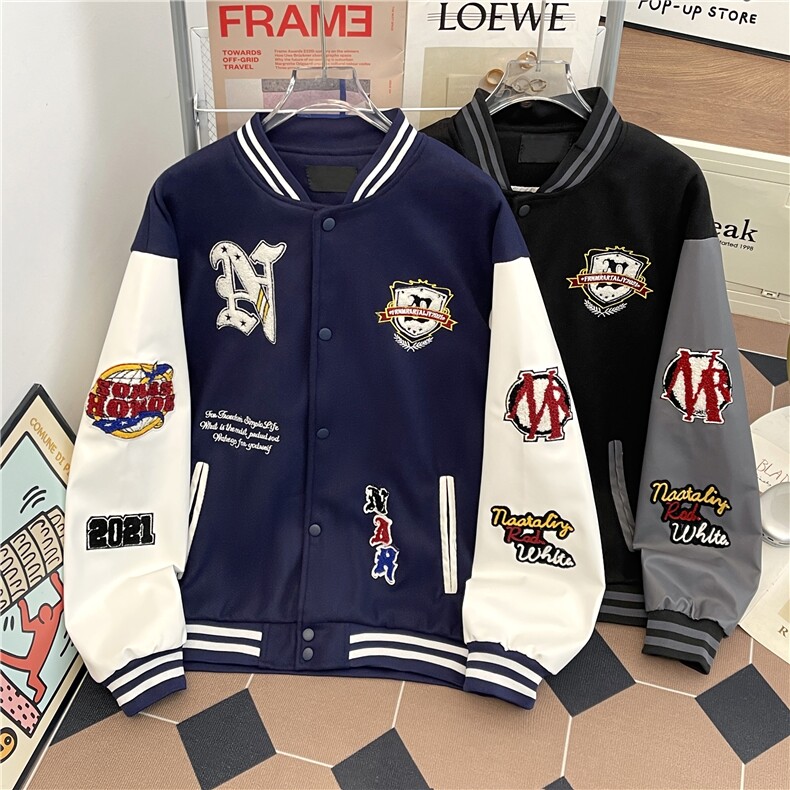 美式复古字母刺绣棒球服加棉外套男情侣棉衣夹克M90-P65加棉P75图片
