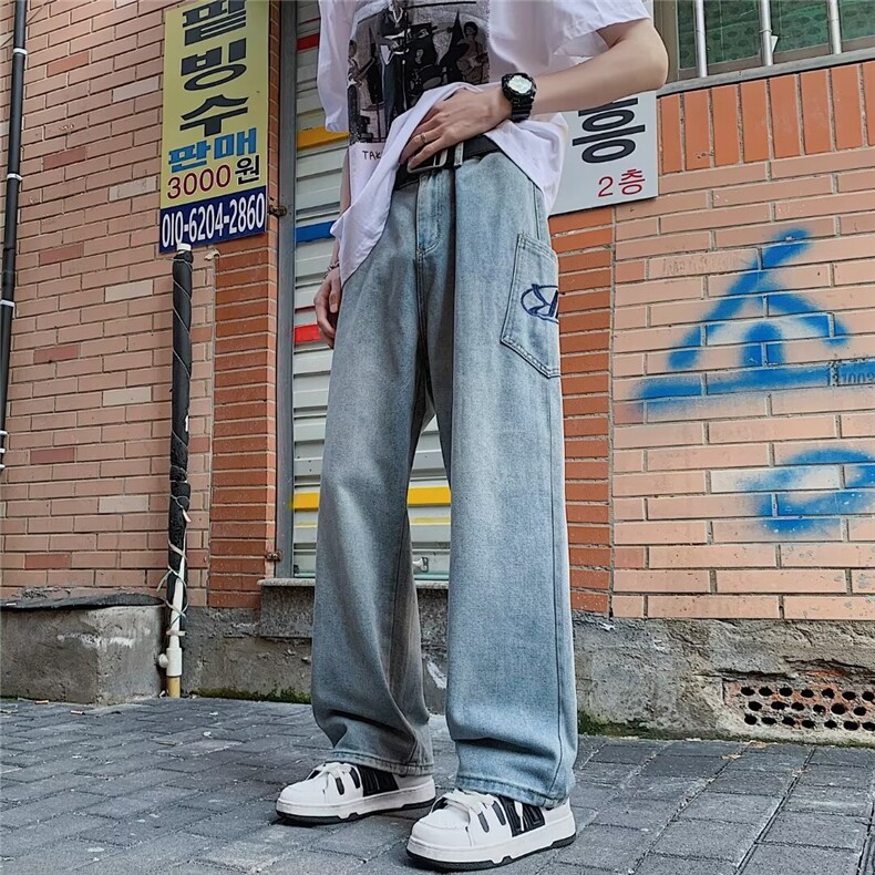 美式复古水洗牛仔裤男夏季新款潮流高街宽松阔腿休闲裤81511-p40图片