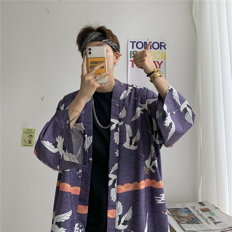 大码风港风外套防晒服和服开衫薄款道袍披风短袖情侣F12/P40,男装防晒衣,钱塘713