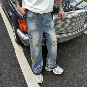 春秋新款花瓣刺绣牛仔裤设计感复古宽松百搭直筒裤图片