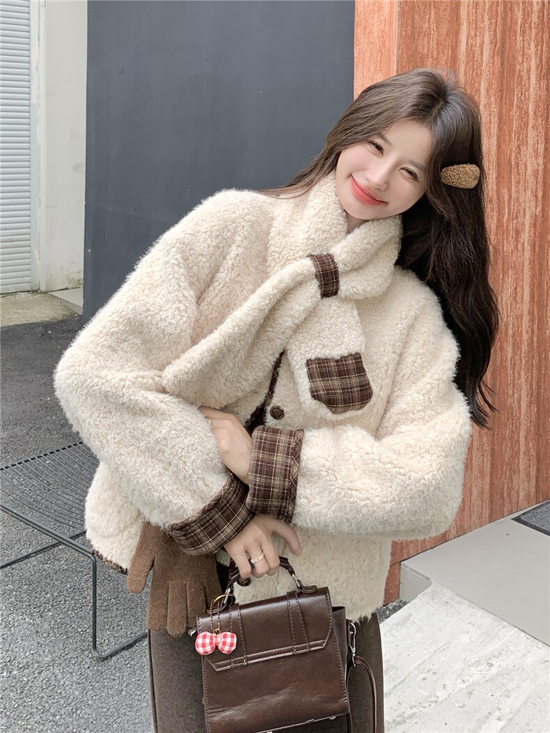 韩系减龄短款羊羔毛棉服外套女2025冬季新款显瘦保暖围脖毛毛上衣,女装短外套,慧尚依恋