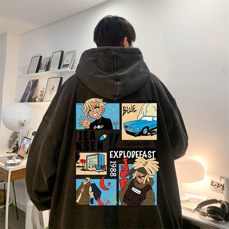 抖音品质秋季新款美式复古漫画印花水洗卫衣JK23371特批53-控88,男装卫衣,星座605(原A050)