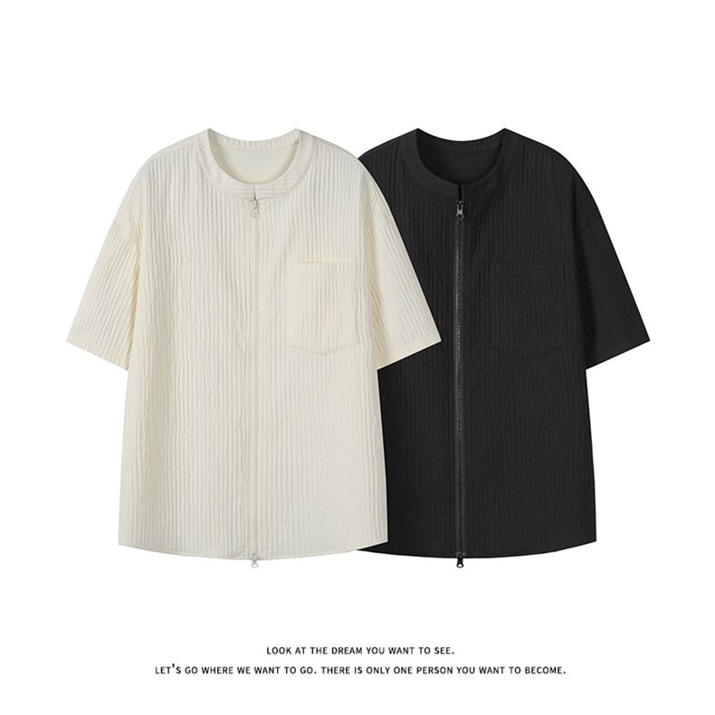 休闲风落肩袖短袖T恤男女宽松圆领拉链肌理感上衣DC2278-特价P35，男装T恤，电商A007