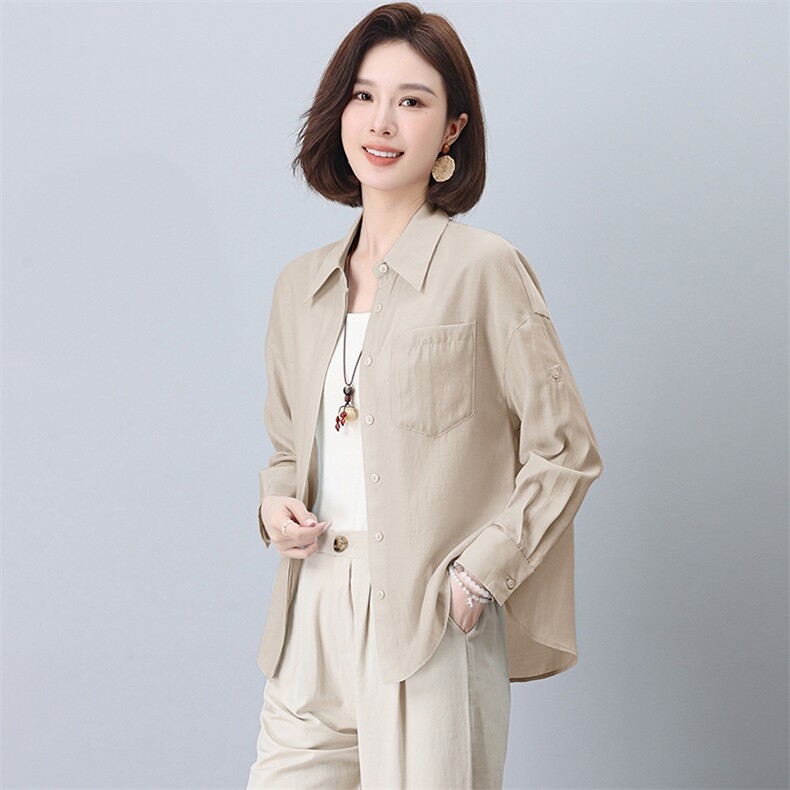 醋酸衬衫女初秋季长袖纯色简约百搭常规款可调节袖长上衣图片