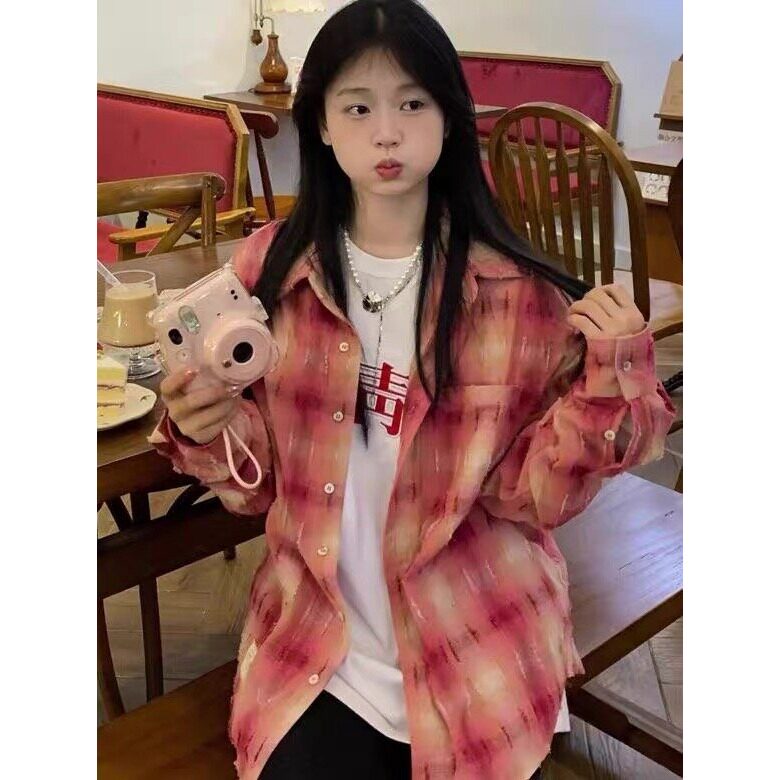 美式潮牌秋季流苏格纹衬衫女高级感透气破坏格子上衣LCS3322-P43图片
