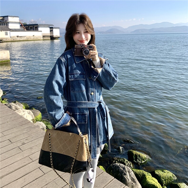 蓝色中长款系带收腰牛仔羽绒服女2026冬新款气质保暖90白鸭绒外套,女装羽绒服,2C159